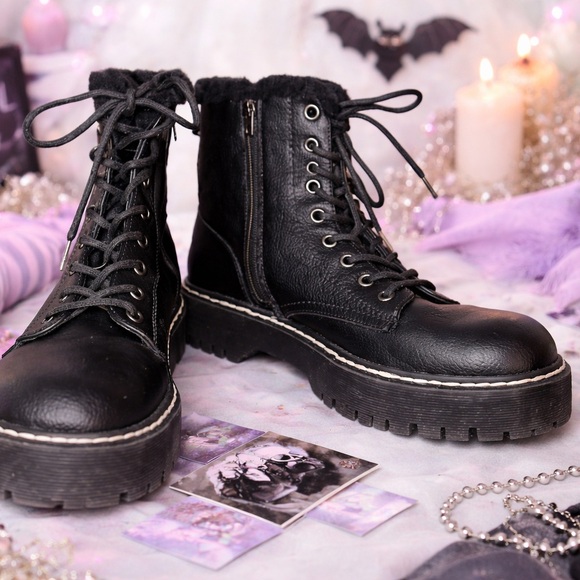 Sincerely Jules Shoes - Sincerely Jules Happiness Black Faux Fur Lined Platform Boots Lace Up Zip